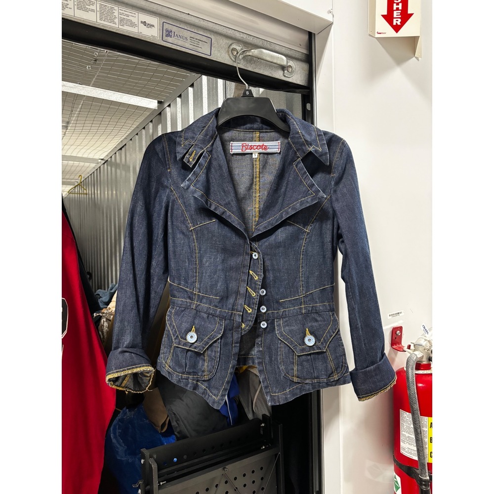 Vintage Y2K Biscote Women Denim Jean Jacket Dark Wash Blazer Style Size Small